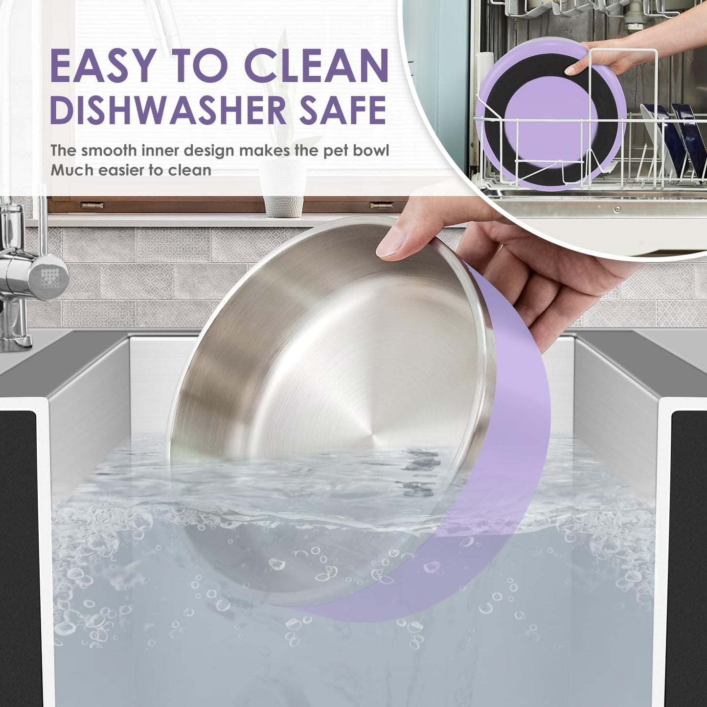 IKITCHEN Dog Bowl for Food and Water, 64 Oz Stainless Steel Pet Feeding Bowl, Durable Non-Skid Insulated Heavy Duty with Rubber Bottom for Medium Large Dogs (64 Ounces/8 Cup, Light Purple) - Pet Explorer