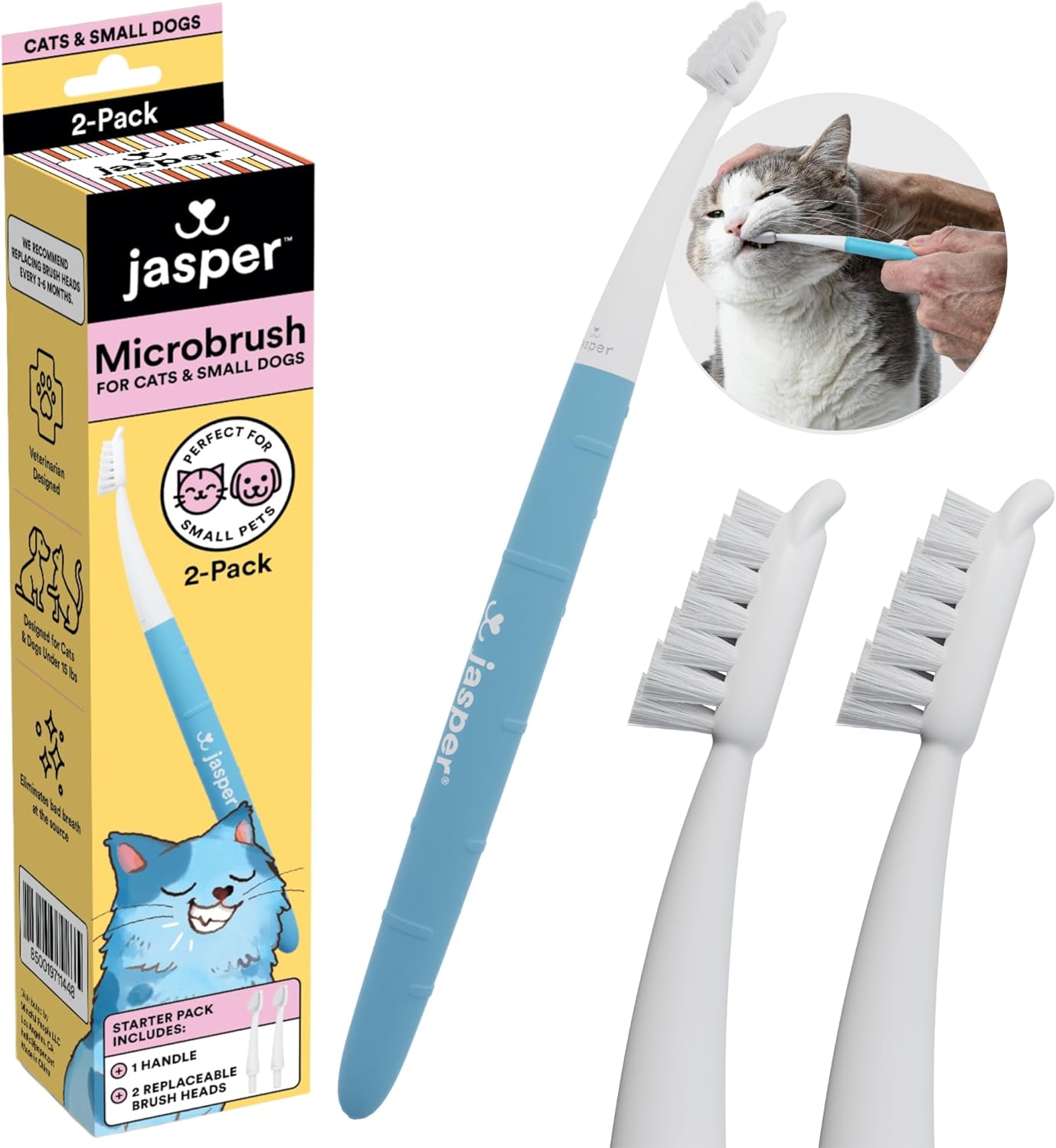 Jasper Microbrush Cat Toothbrush, Soft-Bristled Toothbrush Kit for Felines & Small Dogs, Premium Non-Slip Handle with 2 Replaceable Tooth Brush Heads, Use with Cat Toothpaste - Pet Explorer