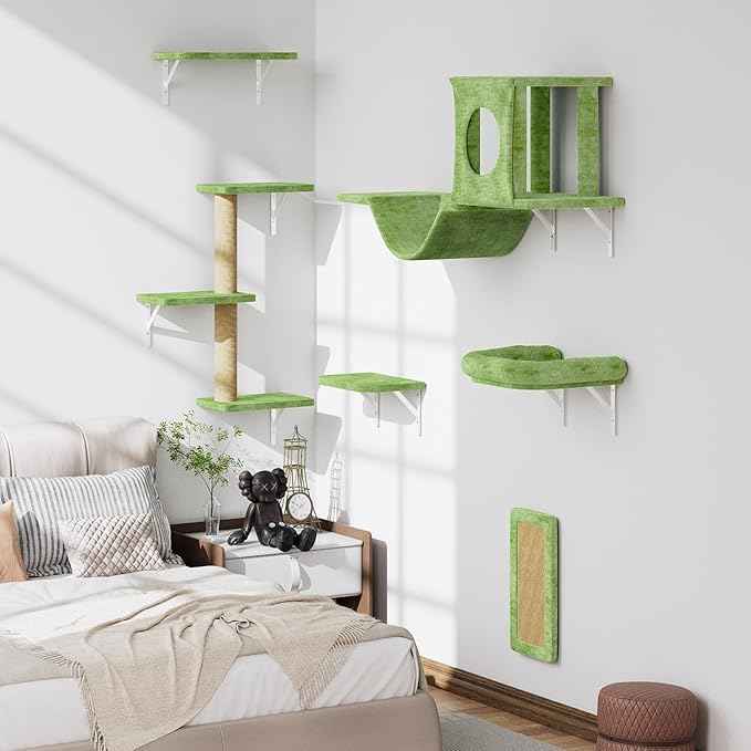 NUNU LAB Wall Mounted Cat Wall Shelves, 12-in-1 Cat Wall Climber with Condos House, Scratching Post, Bridge Ladder, Indoor Space-Saving Furniture for Kittens Play, Green