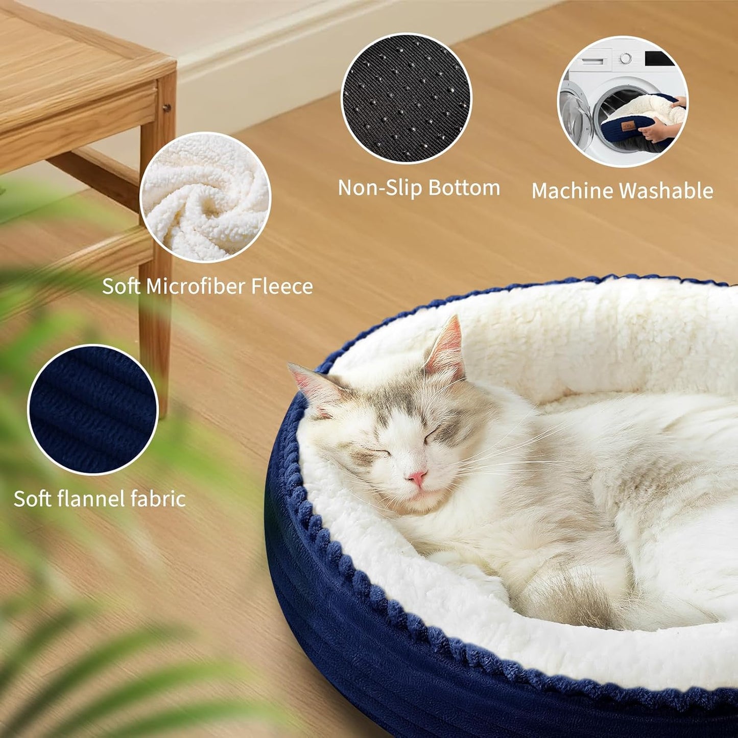 23in Round Cat Dog Bed for Large Medium Small Dogs Cats, Machine Washable Sleeping Sofa, Non-Slip Bottom Breathable Soft Calming Pet Cuddler for Indoor/Outdoor/Car/Cage, Navy Blue - Pet Explorer