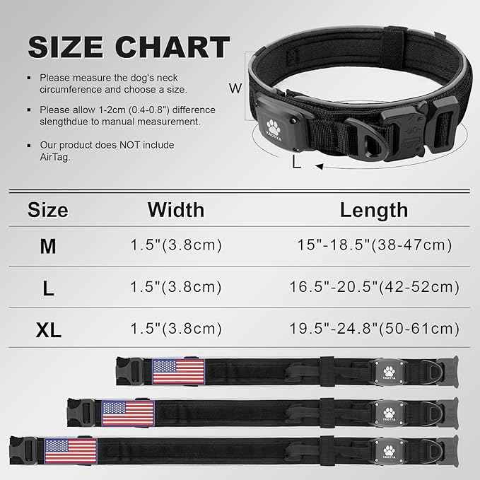 2026 Upgrade Dog Collar with IPX8 Waterproof AirTag Holder,Military Tactical Comfortable Control Handle and Ultra-Durable Metal Buckle/Night Reflective,GPS Collar for Medium to Large Dogs（Black/L）