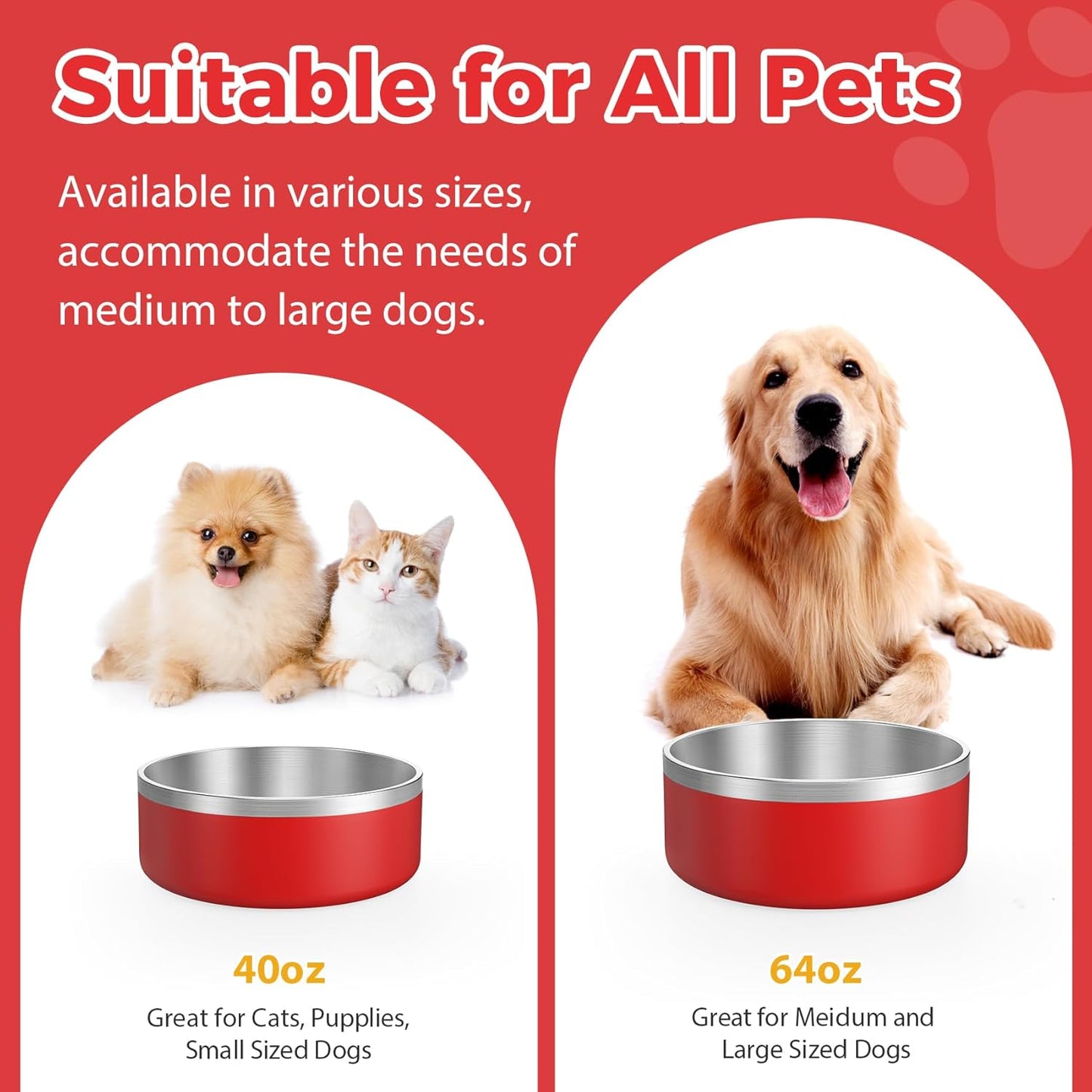 LIANLAI Dog Bowls Large Sized, Rust-Resistant Stainless Steel Dog Bowls, Non Slip Puppy Dishes, Dishwasher Safe (Red，64 oz) - Pet Explorer