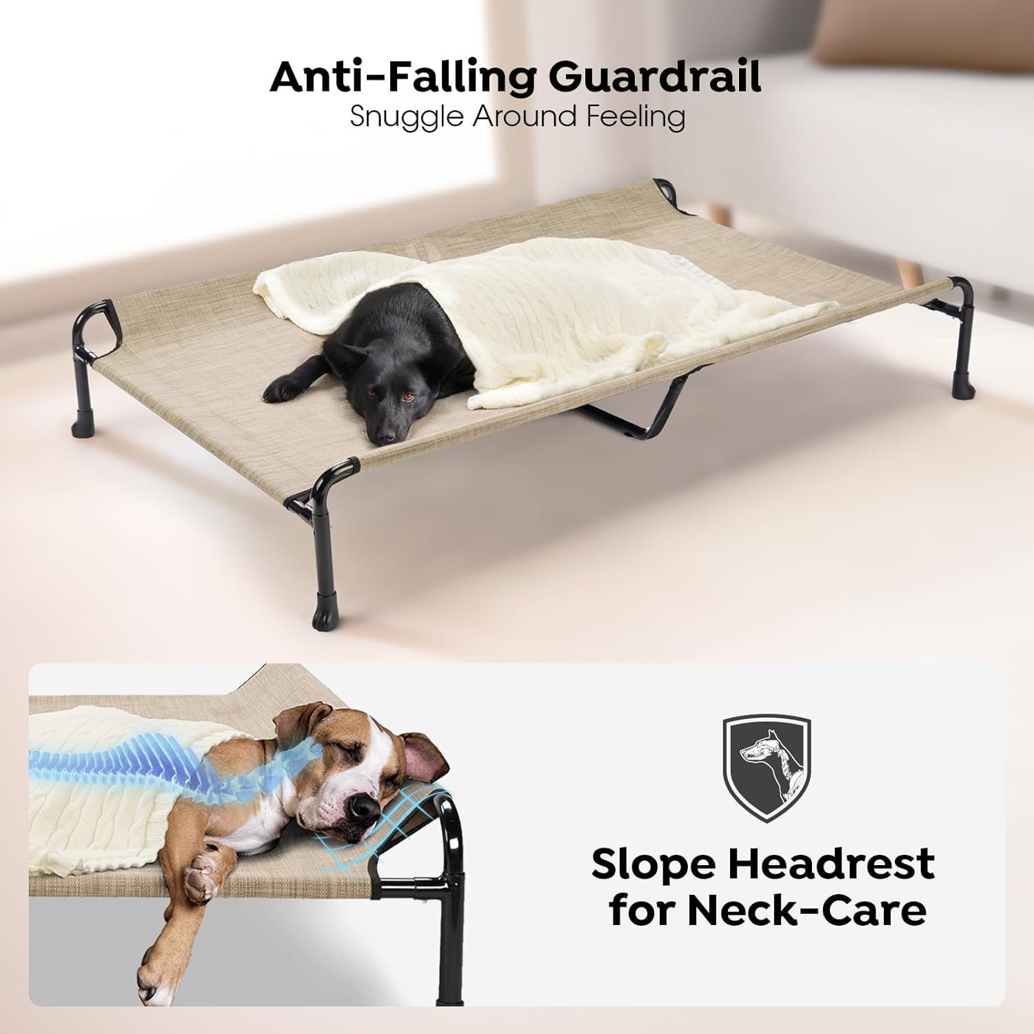 Veehoo Cooling Elevated Dog Bed - Raised for Large Dogs, Outdoor With Guardrail, Upgraded Non-Slip Feet, Breathable Teslin Mesh, Portable Camping Cot, 47 x 29 Inches, Beige Coffee - Pet Explorer