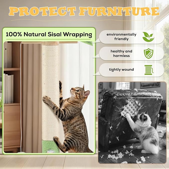Cat Scratching Post,37.5'' Tall Sisal Cat Tree Scratching Post for Indoor Cat,Cat Scratcher with Cute Mouse Hole Toy,Interactive Ball and Rotating Ball Self Groomer Brush for Kittens Adults Cat