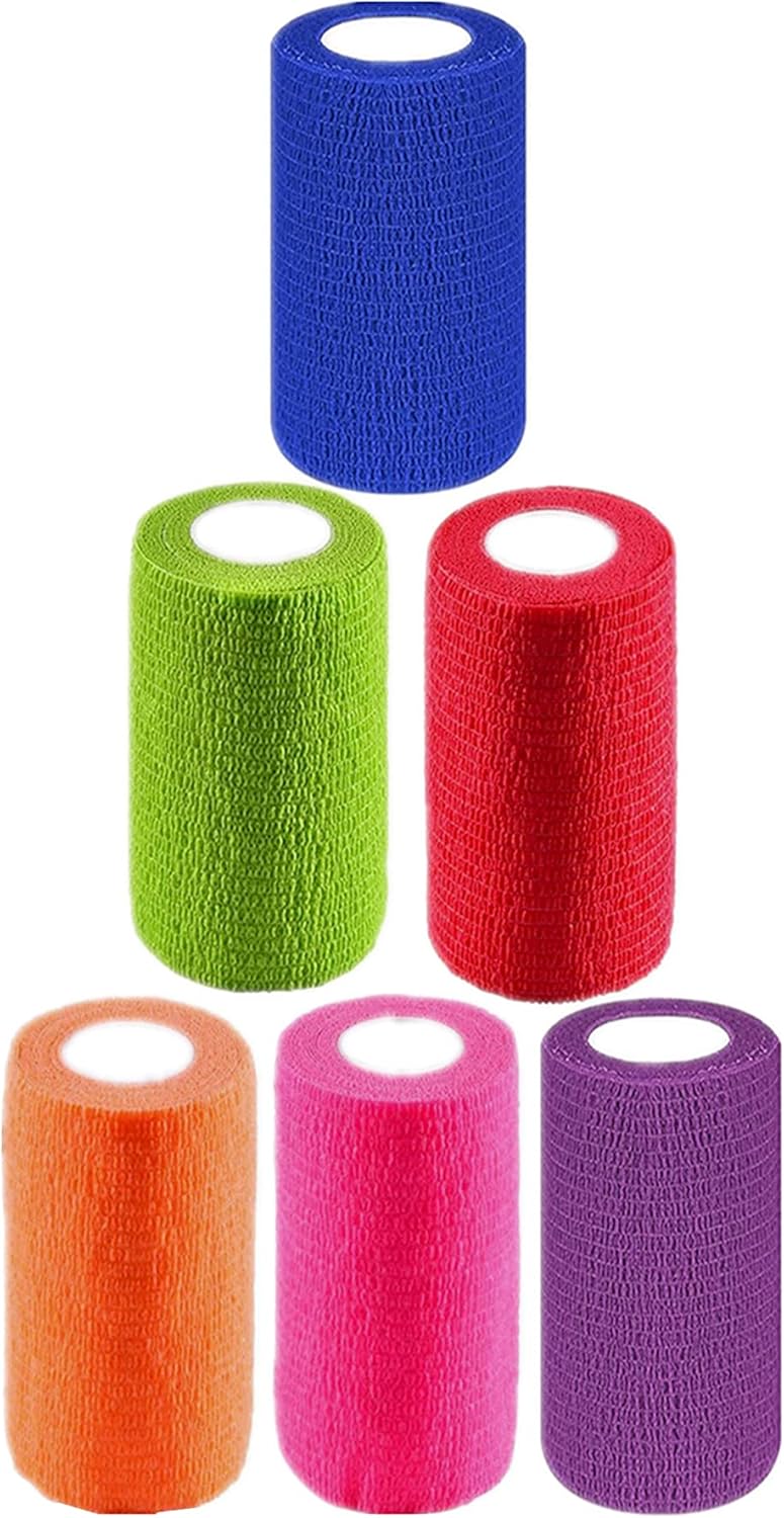 6 Pack 4" x 5 Yards Self Adhesive Bandage Wrap Breathable Cohesive Vet Wrap for Pets, Elastic Self-Adherent Tape for Sports, Wrist, Ankle (Mixed Colors) - Pet Explorer