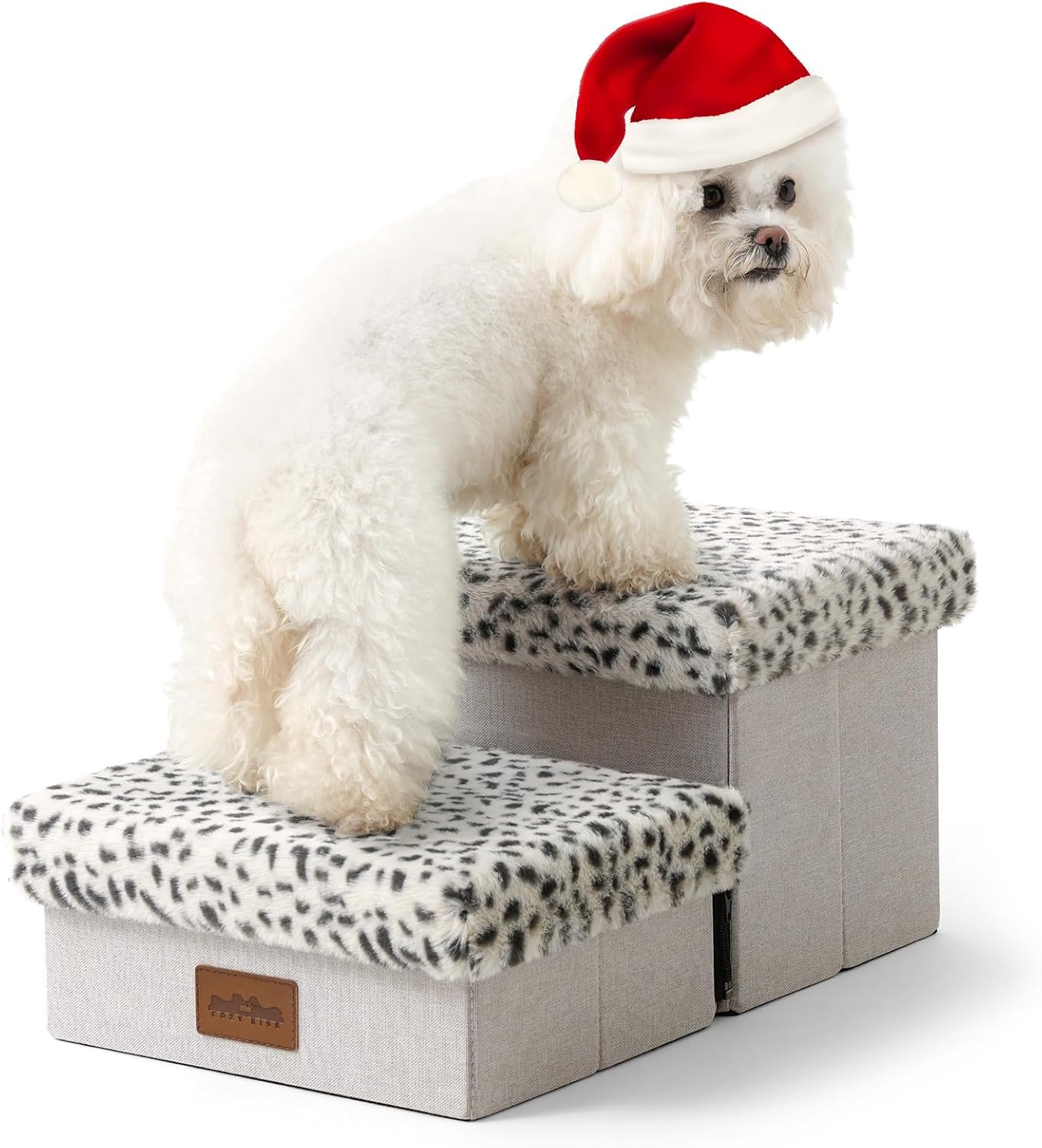 Dog Stair for Small Dogs with Storage, Foldable Pet Stairs for Medium or Puppy Dogs and Older Cats, Dog Steps for Bed or Couch with Soft Cover, 19.7x13x9.6 inch, 2 Tiers, Leopard - Pet Explorer