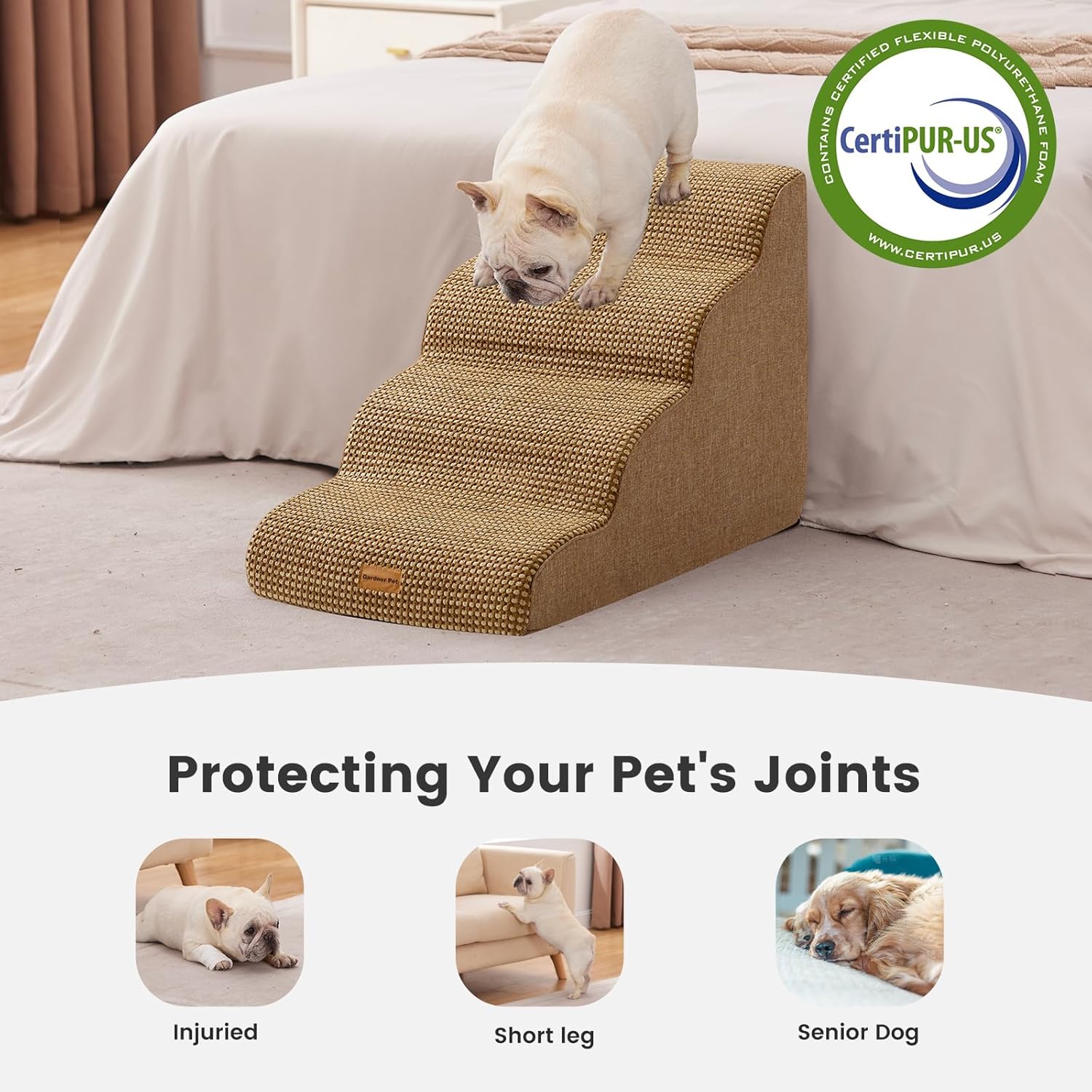Gardner Pet Dog Stairs for Small Dogs 19.7" H, 4-Step Brown Curved Pet Stairs, Dog Steps for High Bed (18-24 in), Couch with Durable Non-Slip Waterproof Fabric Cover and CertiPUR-US Certified Foam - Pet Explorer