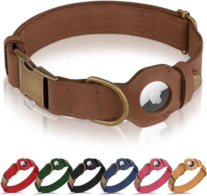 AirTag Dog Collar - Genuine Leather Dog Collar with Apple AirTag Holder and Metal Buckle - Smart GPS Tracking Pet Collars (Tawny, XL, 20"-25" Neck Fit)