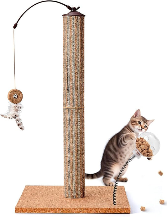 Cat Scratching Post Cork & Cardboard Mix with Heavey Duty Solid Wood Base, Indoor 26" Premium Durable Nature Kitten Scratch Post Tree with Snack Ball & Feather Interactive Toys for Kittens & Adult