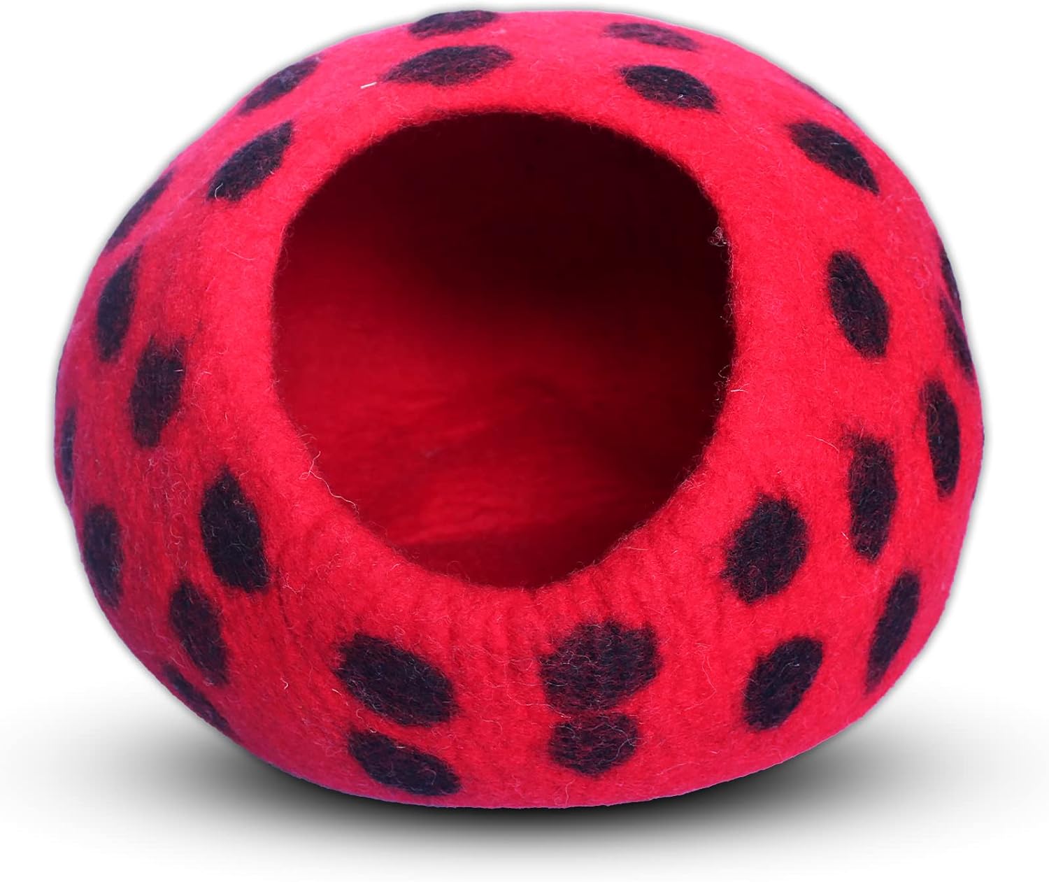 Woolygon Premium Felt Cat Cave Bed - Polka Dot Series - Wool Kitty Beds Handcrafted Kitten Caves Bed for Indoor Cats - Eco-Friendly Merino Wool, Foldable Cat Hideaway Cat Houses (Red/Black Dots) - Pet Explorer