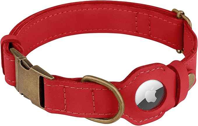 AirTag Dog Collar - Genuine Leather Dog Collar with Apple AirTag Holder and Metal Buckle - Smart GPS Tracking Pet Collars (Red, S, 12"-15" Neck Fit)