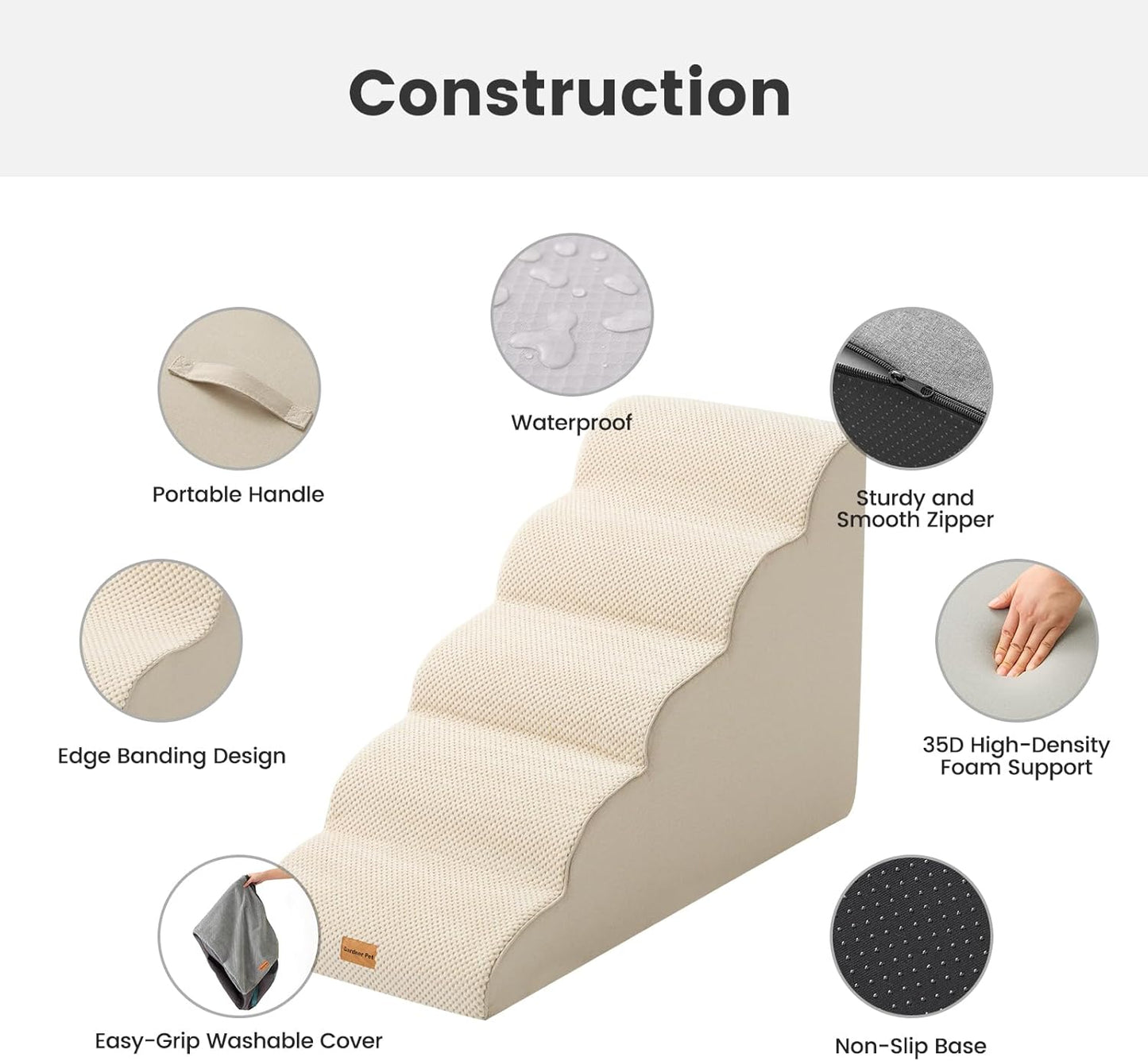 Gardner Pet Dog Stairs for Small Dogs 22.8" H, 5-Step Beige Curved Pet Stairs, Dog Steps for High Bed, Couch (24-30 in) with Durable Non-Slip Waterproof Fabric Cover and CertiPUR-US Certified Foam - Pet Explorer