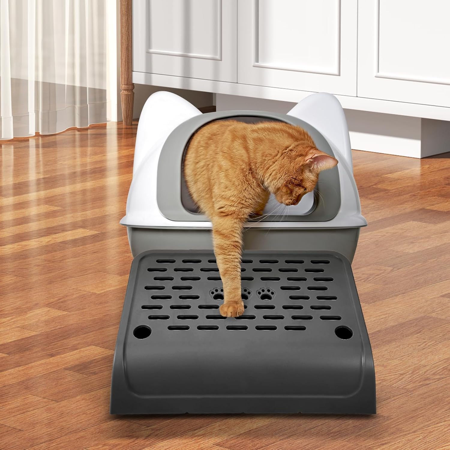 Cat Ramp for Litter Box Step, Stainless Steel Automatic Litter Box Ramp Cat Steps Mat with Filter Function, Double Layered Self Cleaning Cat Stairs with Storage Space for Litter Catcher (Black) - Pet Explorer