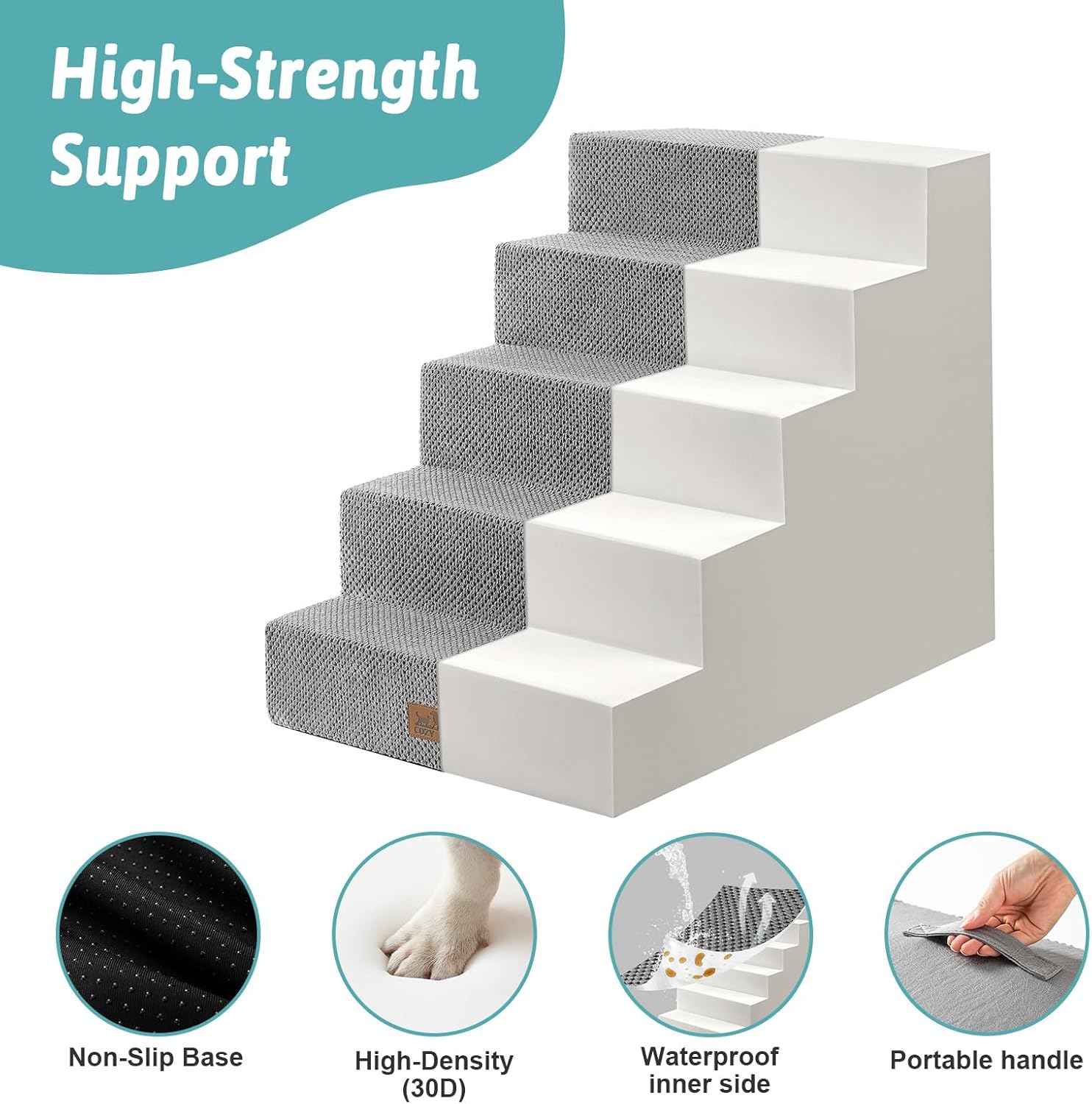 Dog Stairs for Small Dogs, 5 Tier Wider Pet Stairs for High Beds, 23.6" H Non-Slip Dog Steps for Old Cats, Puppies, Small Medium Dogs, 29.5x19.7x23.6 inch, Grey - Pet Explorer
