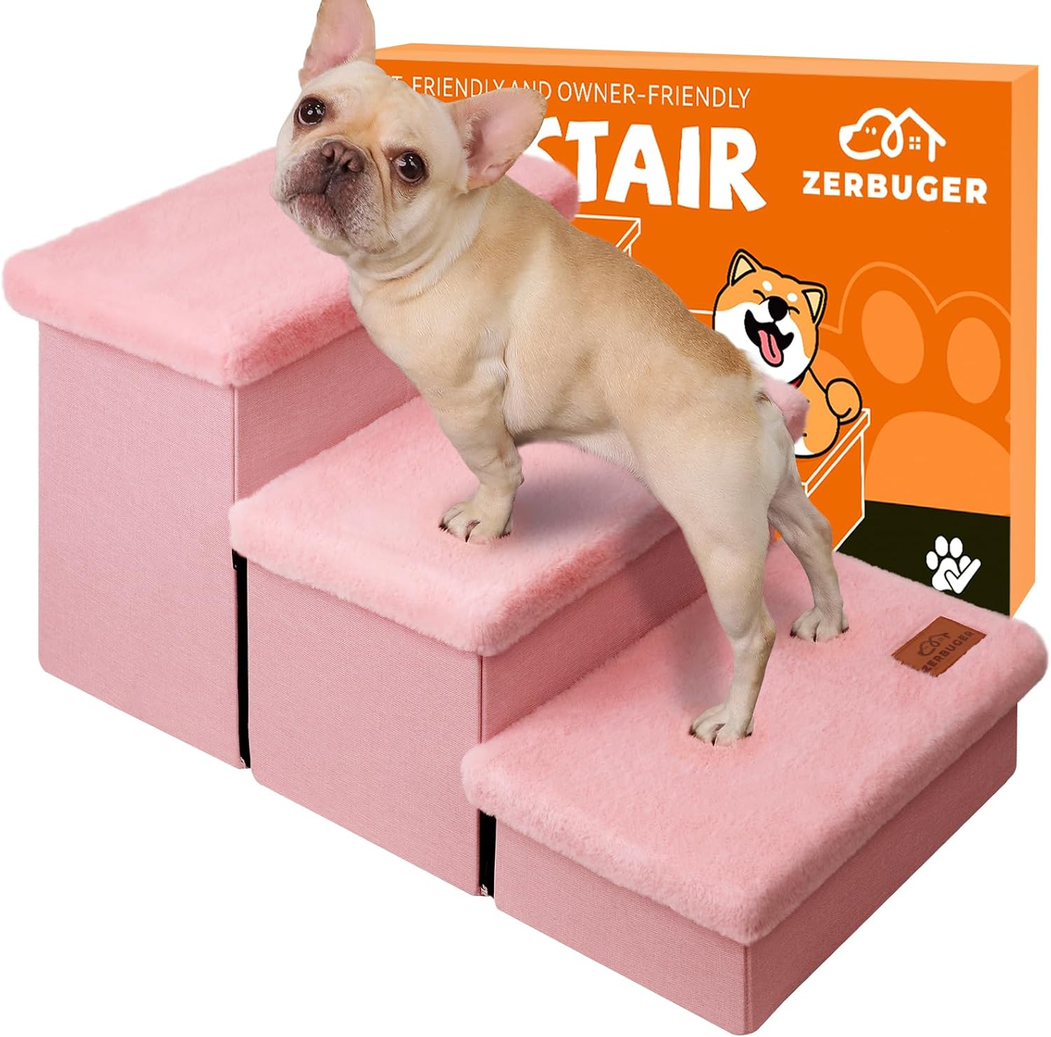Dog Stairs with Furry Lids 18" H, 3-Step Wider Dog Steps with Storage for Small/Medium/Large Dogs Cats, Folding Sturdy Pet Stairs Climbing Bed or Sofa, Ramp for Car Hold Up to 200 lbs, Pink - Pet Explorer