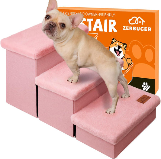 Dog Stairs with Furry Lids 18" H, 3-Step Wider Dog Steps with Storage for Small/Medium/Large Dogs Cats, Folding Sturdy Pet Stairs Climbing Bed or Sofa, Ramp for Car Hold Up to 200 lbs, Pink - Pet Explorer
