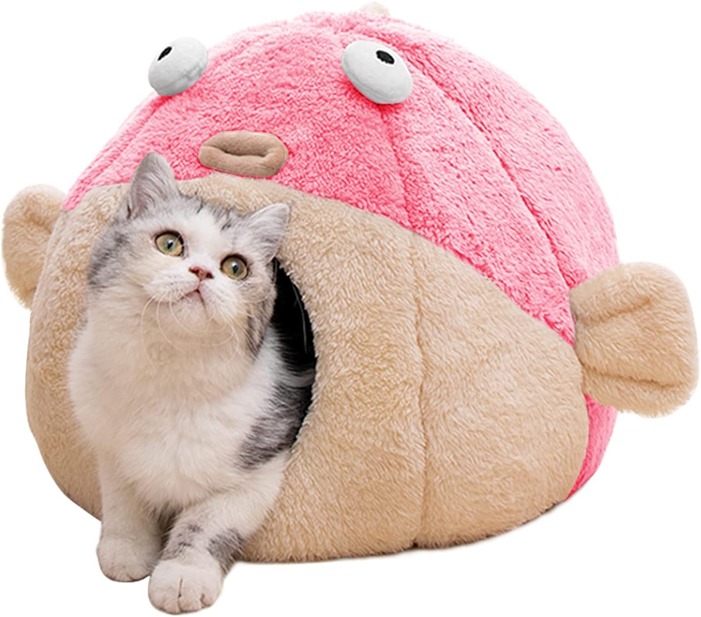 Cat Beds for Indoor Cats - Cat Bed Cave with Removable Washable Cushioned Pillow, Soft Plush Premium Cotton No Deformation Pet Bed, Lively Pufferfish Cat House Design, Pink, Multiple Sizes(M) - Pet Explorer