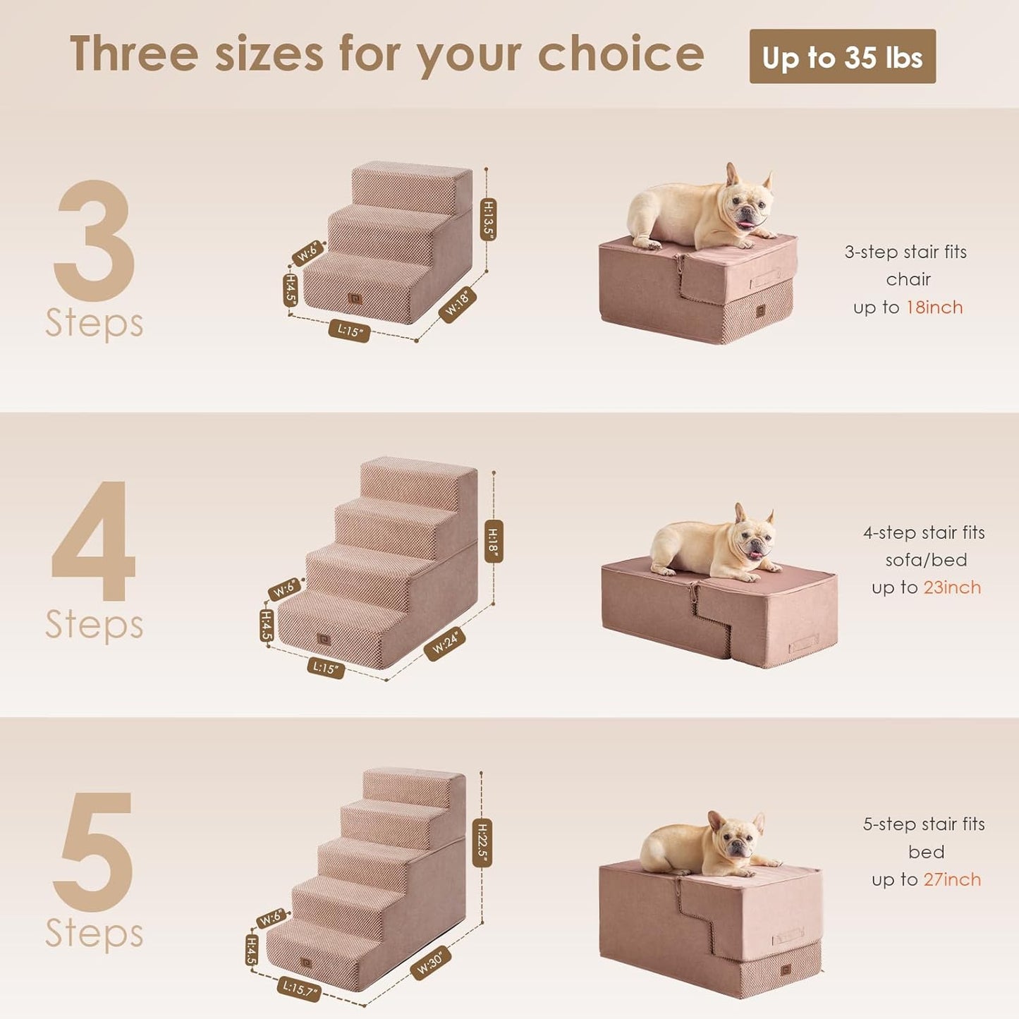 EHEYCIGA Dog Stairs for Small Dogs 13.5" H, 3-Step Dog Steps for Couch Sofa and Chair, Pet Steps for Medium Cats, Non-Slip Balanced Pet Ramp Indoor, Pink - Pet Explorer