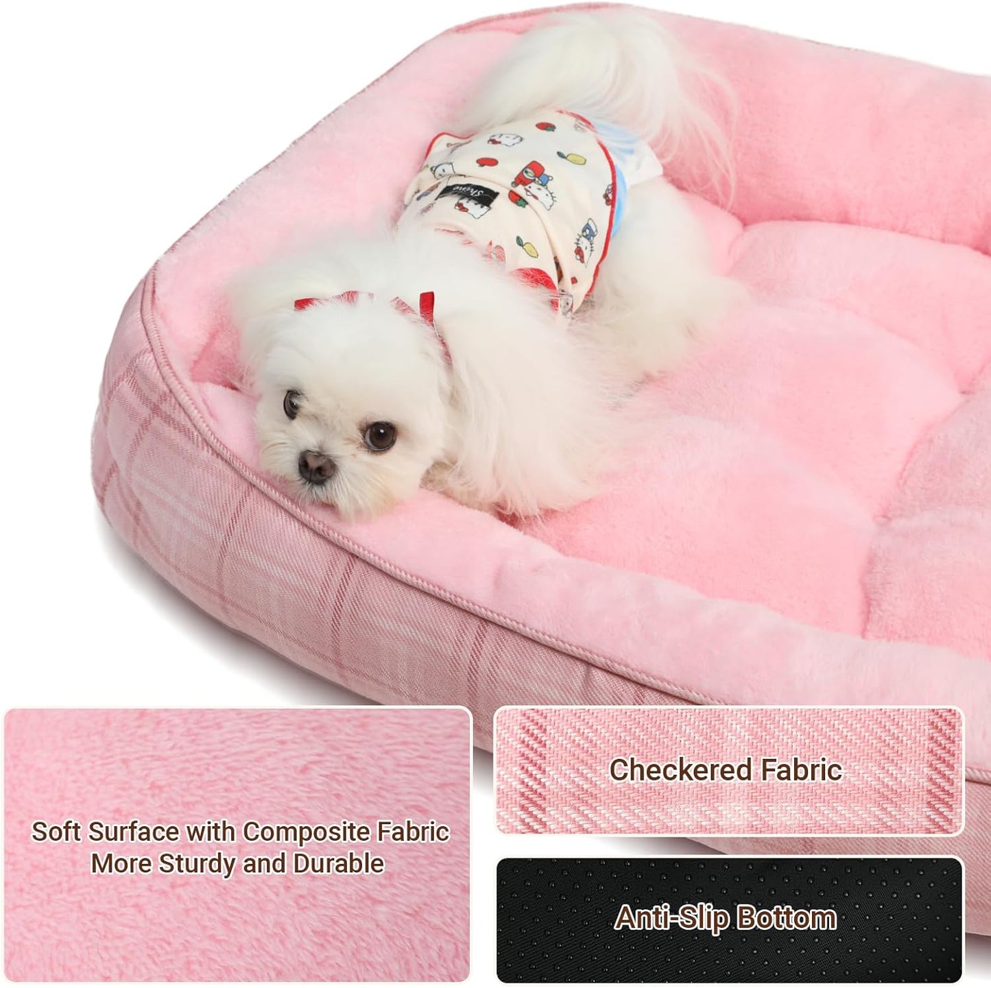 MIHIKK Rectangle Dog Beds for Small Dogs & Cats, Orthopedic Sleeping Pet Bed for Couch with Durable Puppy Cuddler and Anti-Slip Bottom Machine Washable 20 * 18 Inch (Pink)