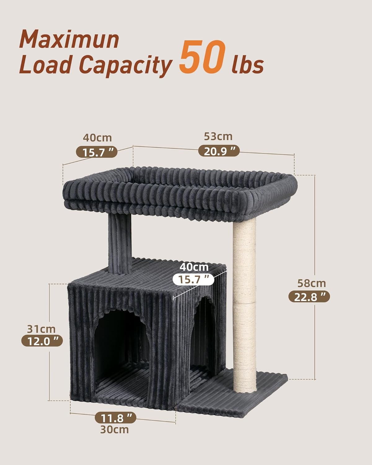 Cat Tree for Large Cat, 22.8” Cat Tower with Scratching Post, 20.9 * 15.7in Perch Bed for Adult Cats, Cat Condo with 2 Caves for Indoor Cats, Dark Gray - Pet Explorer