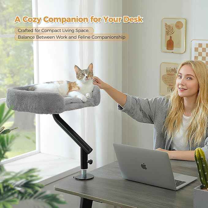 PAWZ Road Cat Desk Bed for Indoor Cats, Cat Bed for Desk Supports Up to 50 lbs, 360° Rotation & Adjustable, Nest Desktop Attachment Cats Hammock for Table, Gray