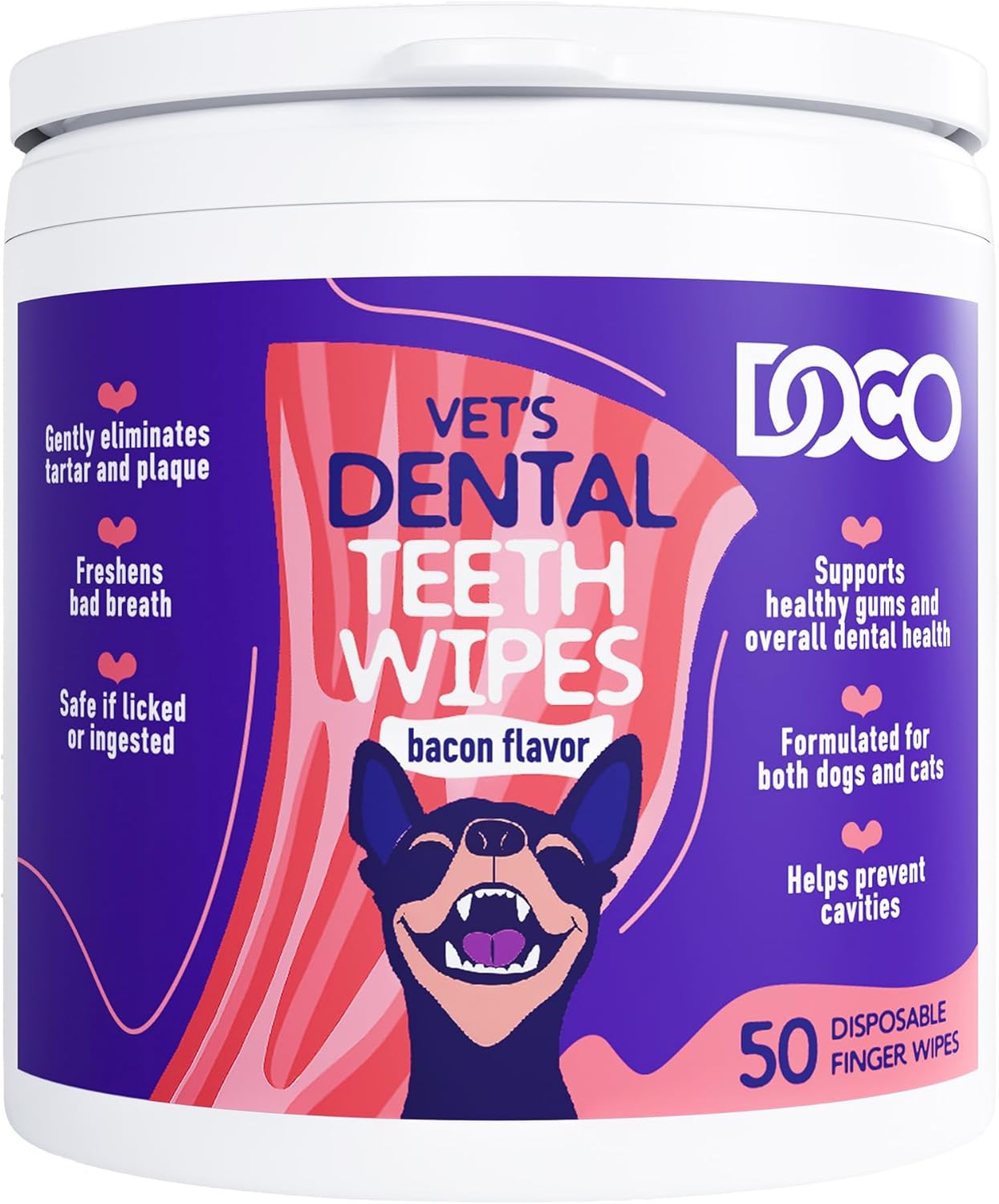 DOCO Dog Teeth Cleaning Wipes Dental Finger Wipes for Cats & Dogs Remove Plaque & Tartar, Freshen Breath, No Rinse, Easy & Effective Pet Tooth Cleaning Kit for Oral Care, Bacon Flavor, 50 Count - Pet Explorer