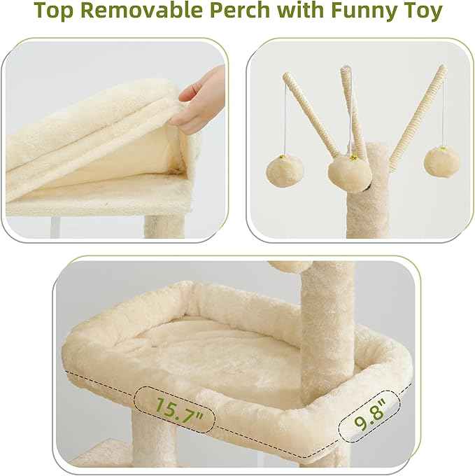 Cat Tree for Indoor Cats, Cat Tower with Scratching Post for Small Cats and Kittens, Cat House with Removable Top Platform and Fluffy Balls, Hanging Cat Basket, Beige GCT006SM