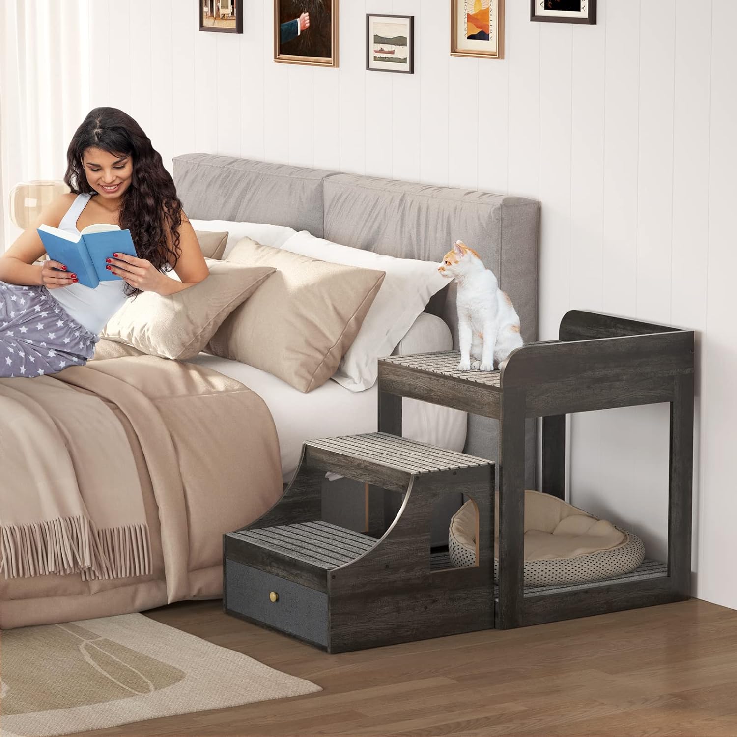 Cyclysio Super Large Multi-Level Pet Bunk Bed with Stairs, Mats, Drawers for Indoor Use, Grey - Pet Explorer