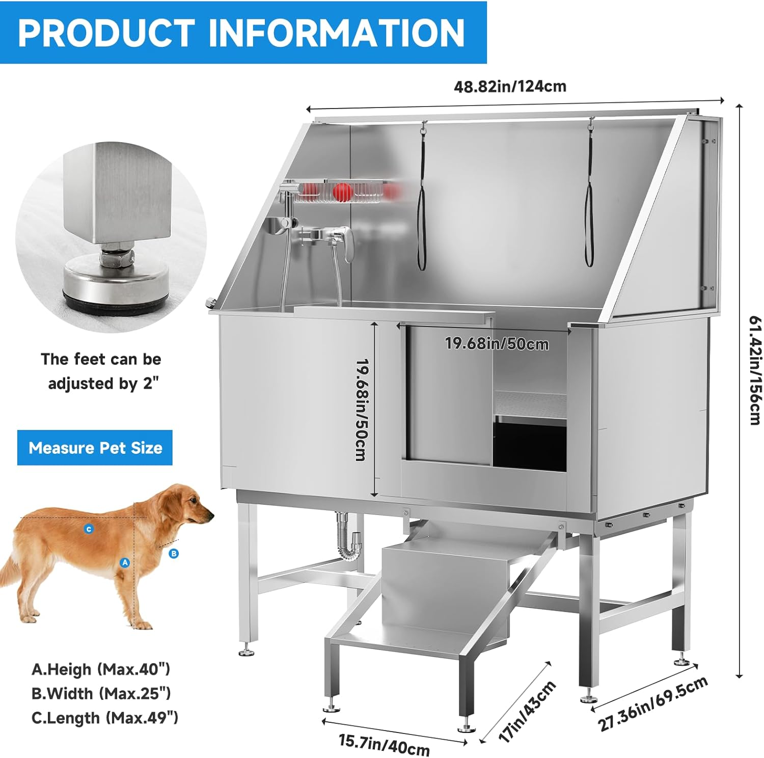 Dog Washing Station 50" Dog Grooming Tub with Right Stair& Faucet, Stainless Steel Dog Bathing Station for Home,Dog Bathtub for Large,Medium,Small Pets - Pet Explorer
