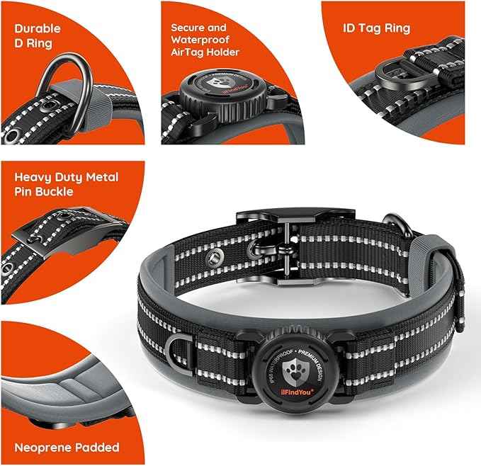 Upgraded AirTag Dog Collar with Holder, Waterproof Reflective Air Tag Dog Collar with Widened Comfortable Padding & Ultra-Durable Metal Buckle, Adjustable for Extra Large Dogs (XL, Black)