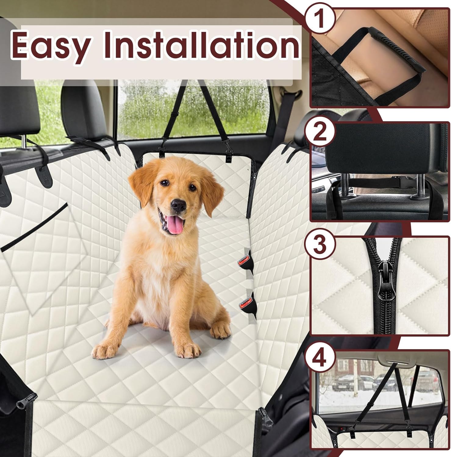 Dog Car Seat Cover, Durable Waterproof Scratch Proof Nonslip Dog Hammock, Pet Back Seat Covers with Pocket for Cars SUVs and Trucks - L, Beige/Black - Pet Explorer