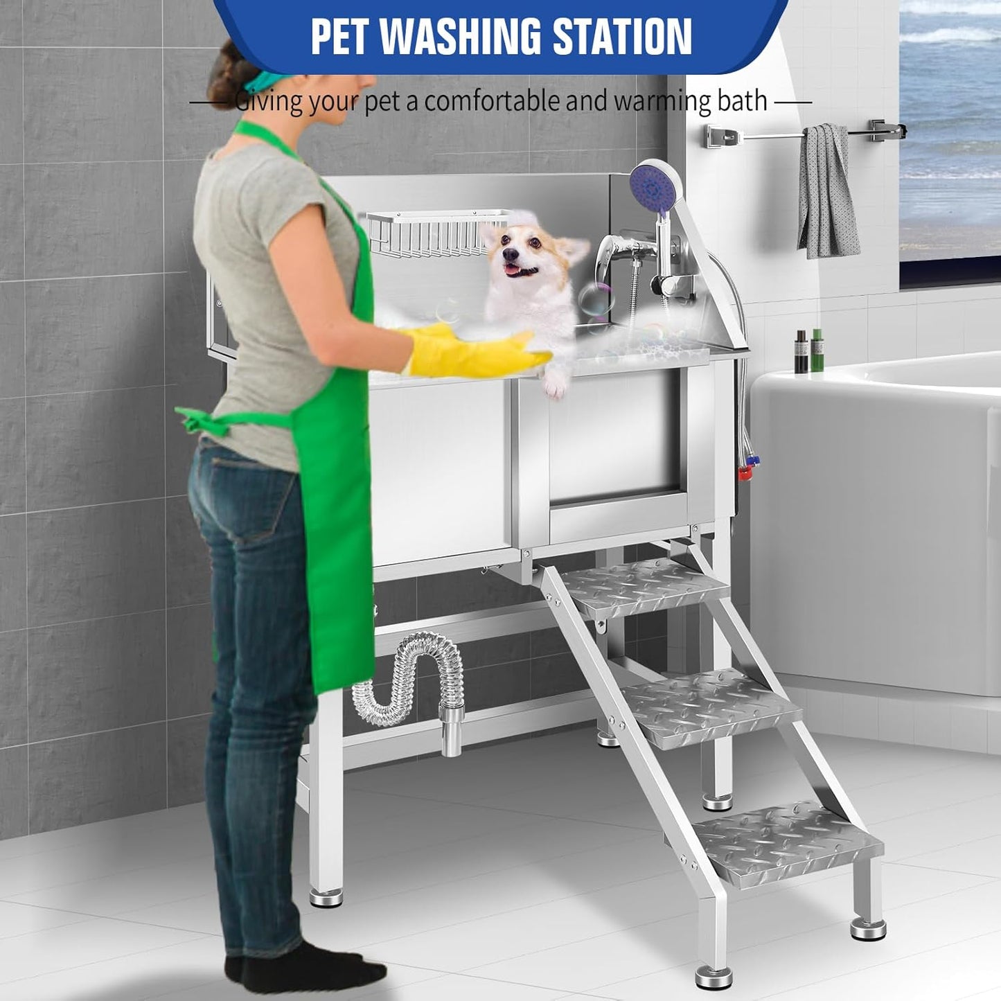 Electric Dog Bathing Station for Large Dogs, Height Adjustable Stainless Steel Dog Pet Washing Station, Professional Dog Grooming Tub with Electric Lift, Pet Wash Bath Station - Pet Explorer