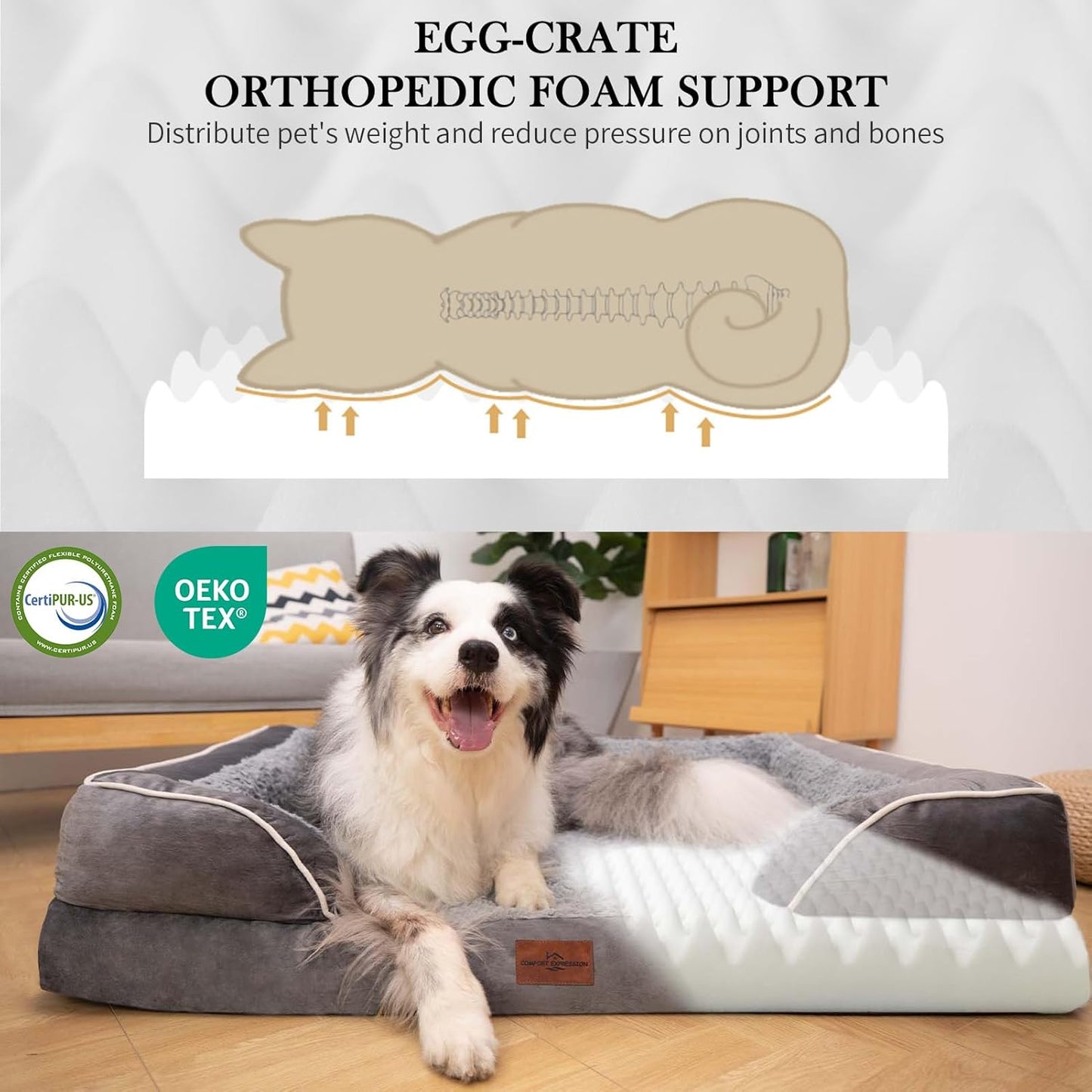 Comfort Expression XXL Orthopedic Dog Bed for Extra Large Dogs, Waterproof Orthopedic Foam Dog Beds, Washable Dogs Sofa Beds with Removable Cover & Non-Slip Bottom(XX-Large,Grey) - Pet Explorer