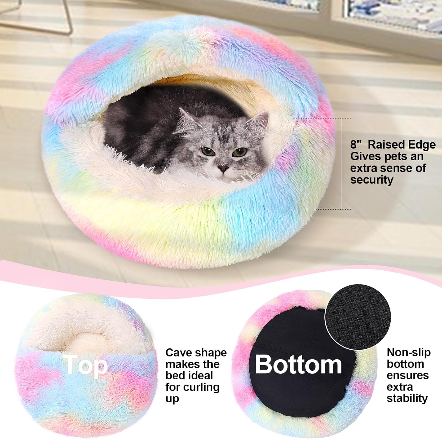 Calming Dog Beds & Cat Cave Bed with Hooded Cover,Removable Washable Round Beds for Small Medium Pets,Anti-Slip Faux Fur Fluffy Coved Bed for Improved Sleep,Fits up to 15/25 lbs(Colorful,S) - Pet Explorer