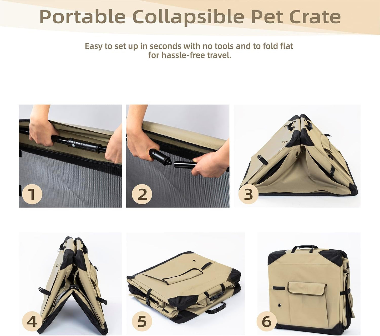 Pettycare 26 Inch Collapsible Dog Crate with Curtains Travel Dog Crate for Airflow and Calm Soft Pet Kennel with Portable Bag and More Chew Proof Mesh Indoor & Outdoor Beige 4 Door Curtains