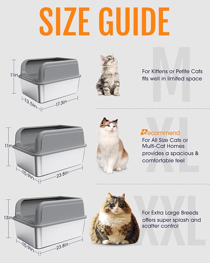 Stainless Steel Cat Litter Box, Metal Litter Box with Scoop, High- Sided, Anti-Leakage Top Entry, Non-Sticky, Easy to Clean, Grey, M (1 Pack)