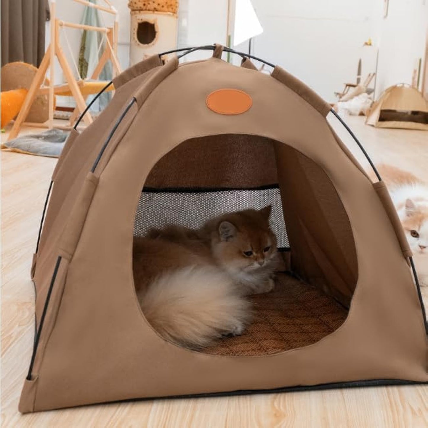 BreezyDen Pop-Up Pet Tent – Portable Indoor/Outdoor Cat Tent, Waterproof Pet Hideaway for Cats & Small Dogs with Mesh Window, Anti-Slip Base & Washable Design (Coffee, M (8 catties Kitten)) - Pet Explorer