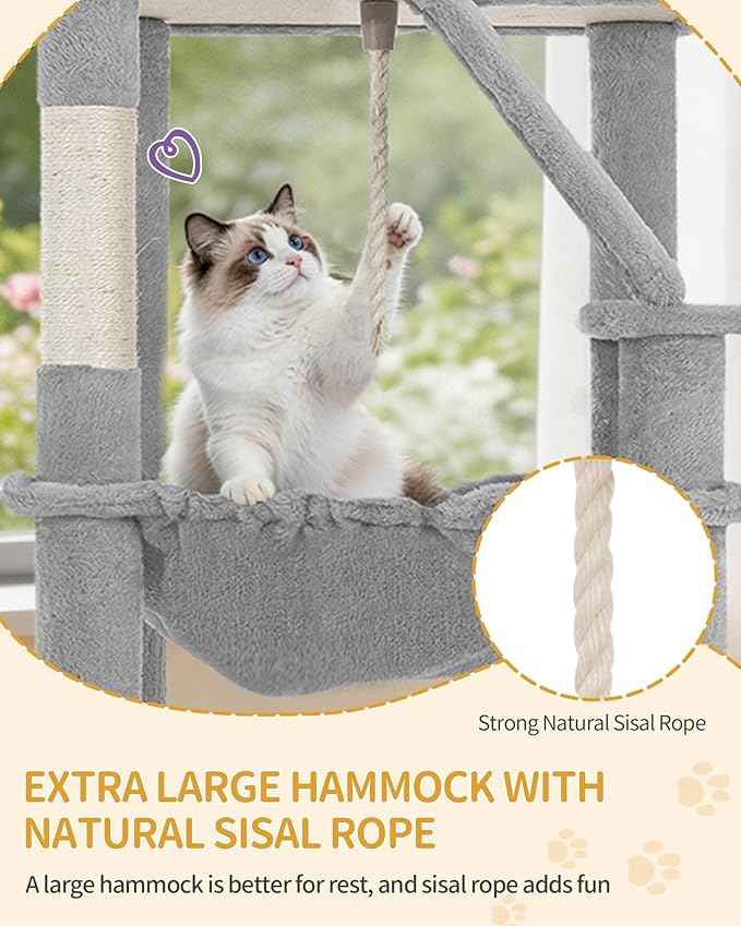 Large Cat Tree, 72 Inch Tall Indoor Cat Tower for 6 Large Cats, Corner Climbing Activity Pet Condo with 2 Large Platforms/2 Cats House/6 Scratching Post/1 Hanging Basket, Light Gray MS18318LG