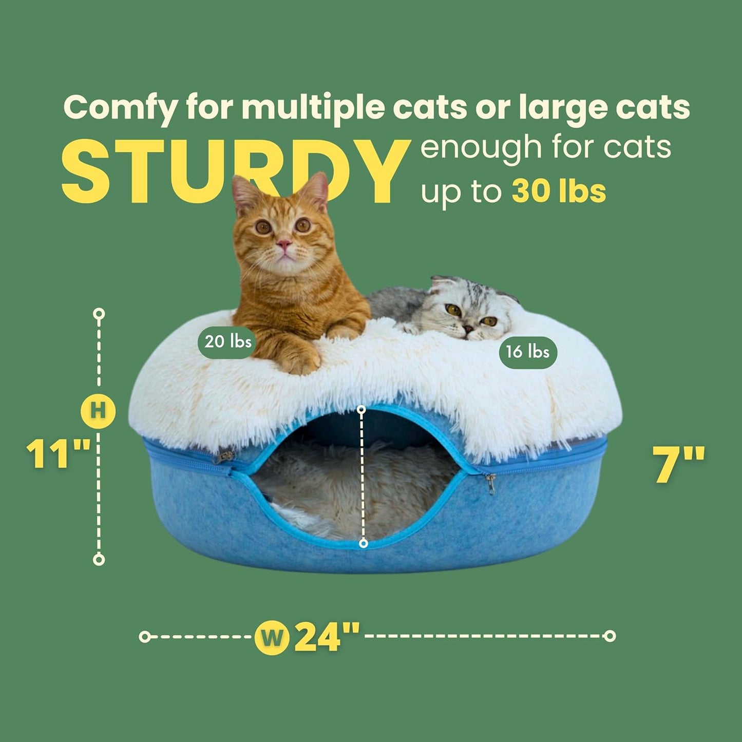 CATTASAURUS Peekaboo Cat Cave for Multiple & Large Cats Up to 30-45 Lbs, Fluffy Cat Beds for Indoor Cats, Scratch Detachable & Washable Tunnel Bed, Comfy Donut Cat Cave (Blue, Large (Calming)) - Pet Explorer