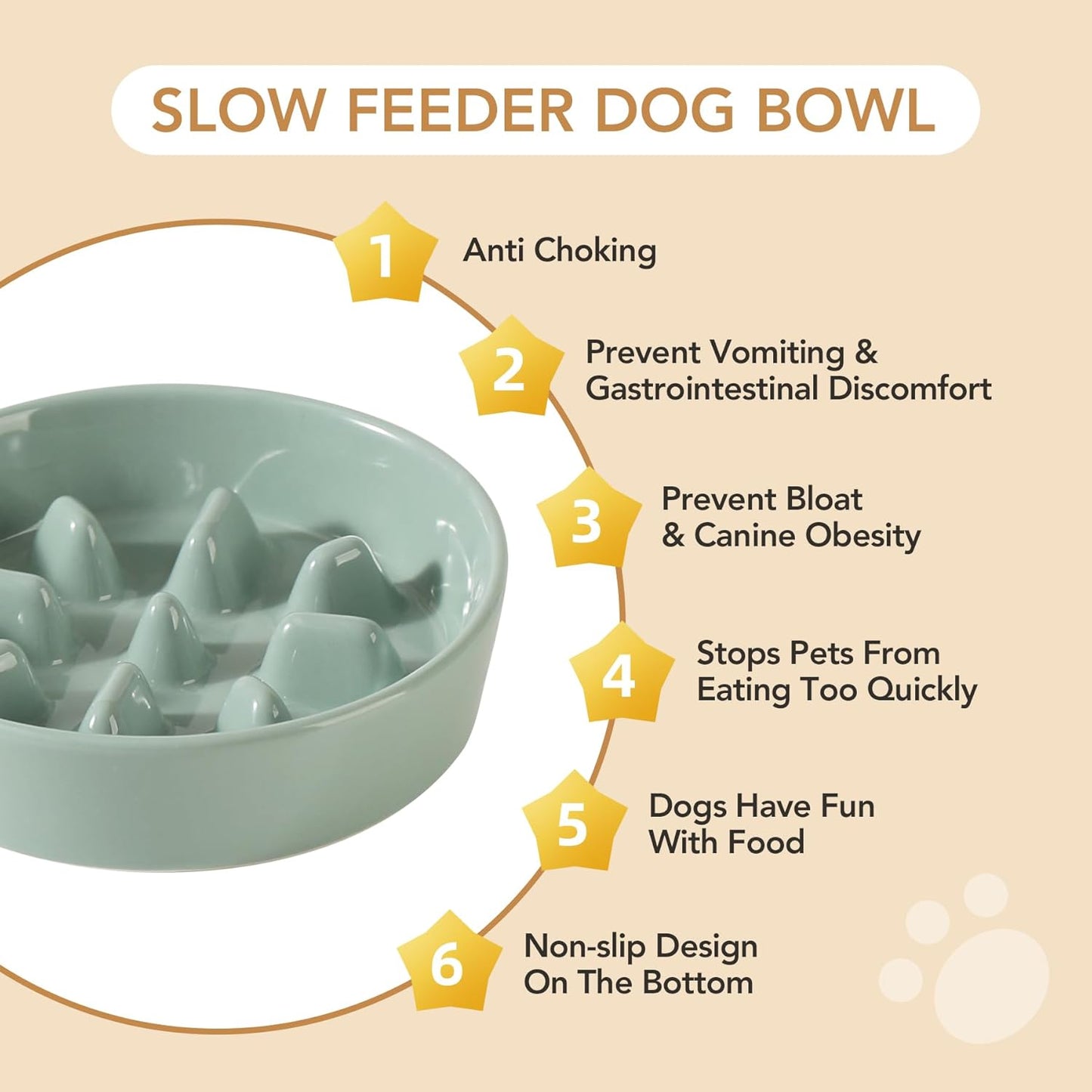 Ceramic Raised Slow Feeder Dog Bowl Set, Elevated 6.1inch Bowl and 7.3inch Slow Pet Food Dish with Wooden Stand for Small and Medium Dog (2 x Light Green+ Stand) - Pet Explorer