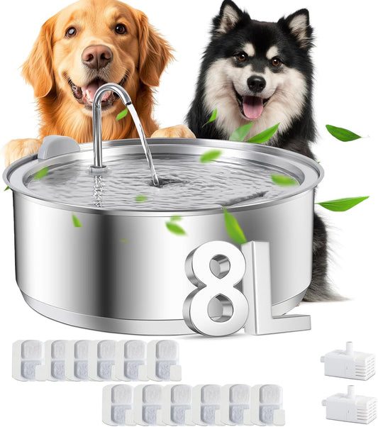 8L/2.1G Dog Water Fountain for Large Dog, Dreamocean Dog Water Bowl Dispenser Stainless Steel Pet Water Fountain, Water Dispenser for Dogs with 2 Ultra Quiet Pump for Multiple Pets with 12 Filters - Pet Explorer