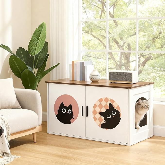 HOOBRO Hidden Litter Box Furniture, Large Cat Litter Box Enclosure Furniture, Wooden Litter Box Cabinet with Cute Cat Patterns & Arched Entrance, 31.3" L x 17.7" W x 17.3" H, White & Walnut