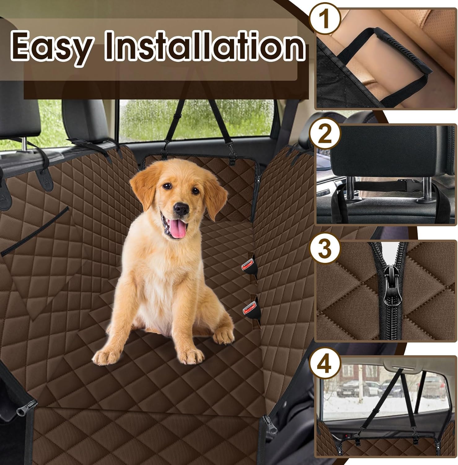 Waterproof Dog Car Seat Cover for Back Seat - Durable, Scratch Proof Pet Hammock with Nonslip Design & Storage Pockets, Fits Cars, SUVs, Trucks - L, Coffee/Black - Pet Explorer