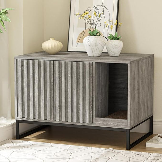 Litter Box Enclosure, Modern Cat Litter Box Enclosure Furniture Hidden Litter Box with Cat Scratch Pad, Cat Washroom Cat House End Table, Entryway Bench for Livingroom (Grey)
