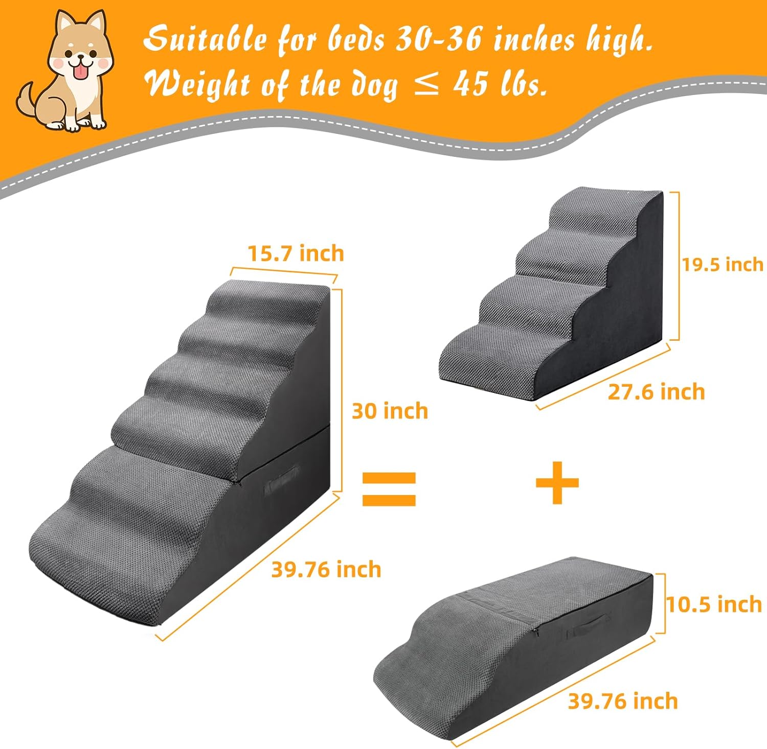 Dog Stairs&Steps for 30 Inches Tall High Bed, Pet Dog Ramp Ladder for Small Medium Dogs, Doggie, Old Cats, Kitty, Small Animals(Grey, Up to 30-36 Inch Tall Bed) - Pet Explorer