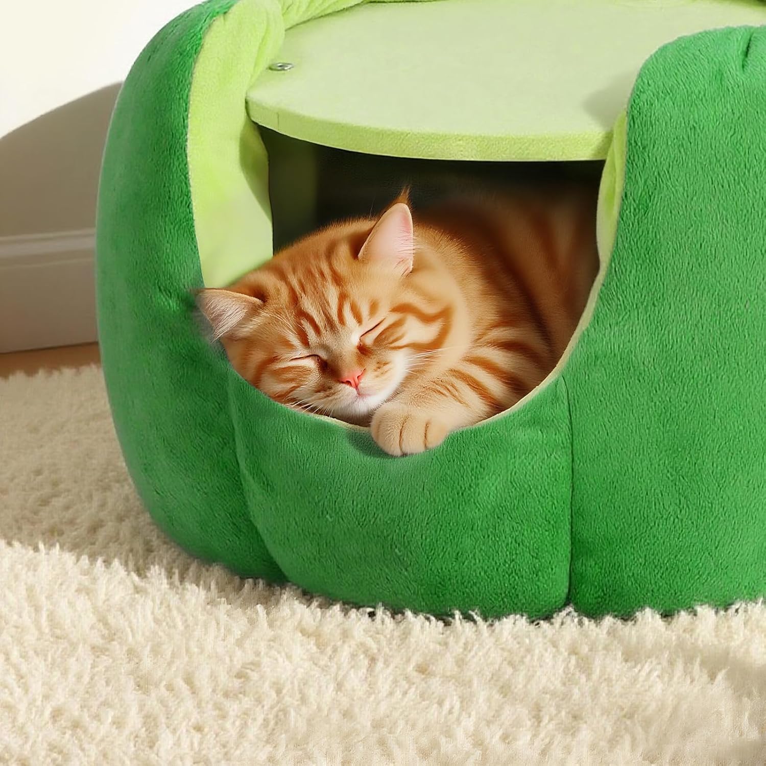 Cat Houses for Indoor Cats, Small Cat Tree with Sisal Ropes and Plush Perch, Cute Cat Bed Cave with Soft Pillow, Cactus Design - Pet Explorer