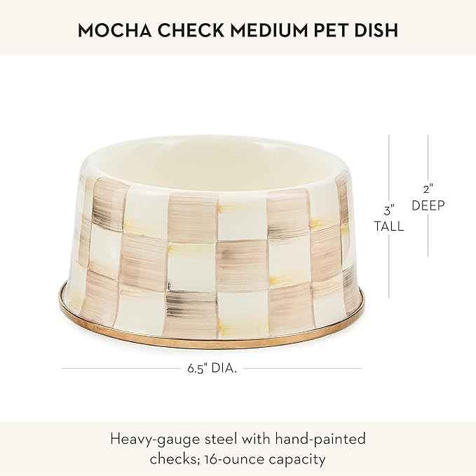 MACKENZIE-CHILDS Enamel Pet Bowl, Cute Cat and Dog Bowl for Food and Water, Medium, Brown-and-White Mocha Check