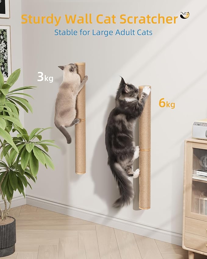 2-Pcs 34'' Wall Mounted Cat Scratcher for Large Cats, Tall Scratching Posts, Corner Cat Climbing Pole for Indoor Cats Climb Stretch Play, Wooden