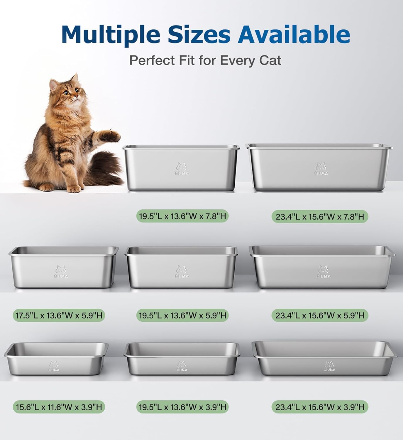 Stainless Steel Litter Box, Large Metal Cat Litter Box with High Sided for Big and Small Cats, Non-Stick, Easy to Clean, Odor-Free, 23.4" L×15.6" W×5.9" H, Leaf Green