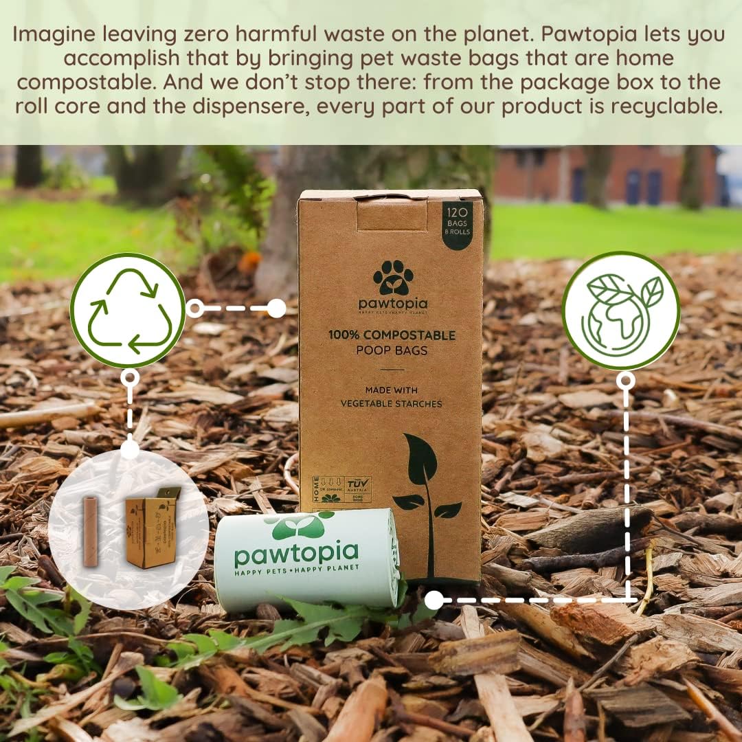 Pawtria Certified Home Compostable Dog Poop Bags (120) + Paper Dispenser, Biodegradable Poop Bags, Cat Litter, Vegetable Starches, Leak proof Dog Waste Bags, Easy to Open, Extra Thick - Pet Explorer